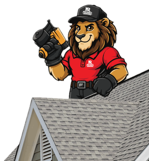 Ringo, the Ringo Roofing mascot — a lion in a red company polo and cap, holding a roofing nailer and looking over the ridge of a shingled roof.