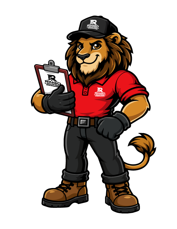 Ringo, the Ringo Roofing mascot — a lion in a red company polo and work boots, holding a roof inspection clipboard.