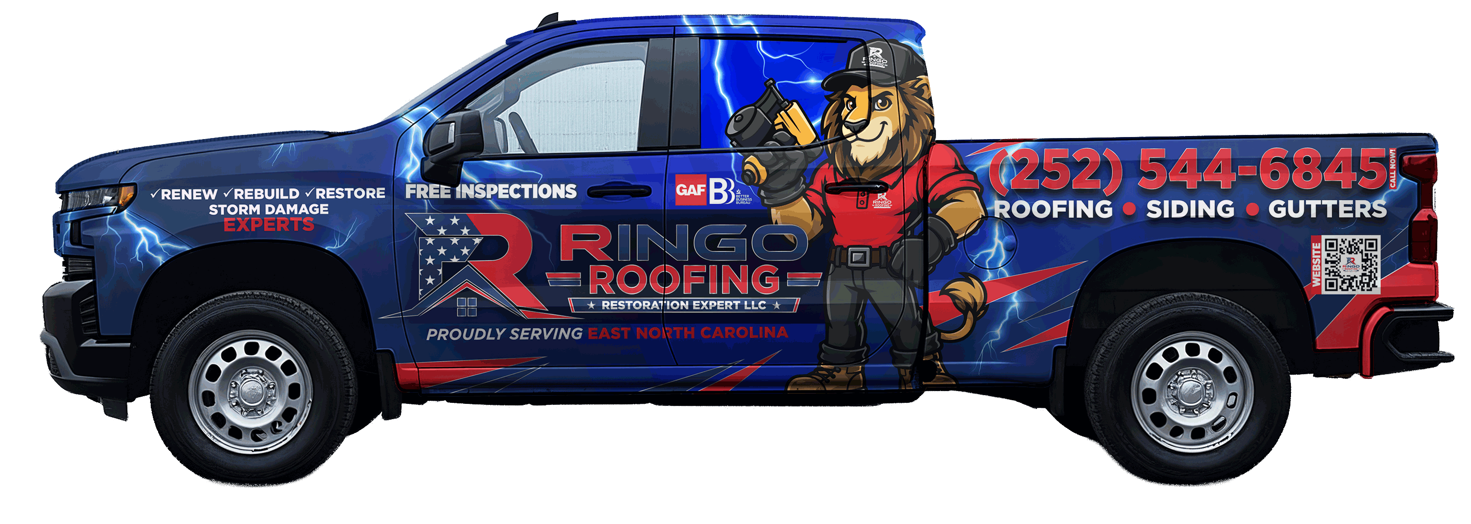 Ringo Roofing's wrapped work truck: navy and red with lightning, the lion mascot holding a roofing nailer, the phone number (252) 544-6845, and Roofing, Siding and Gutters along the bed.